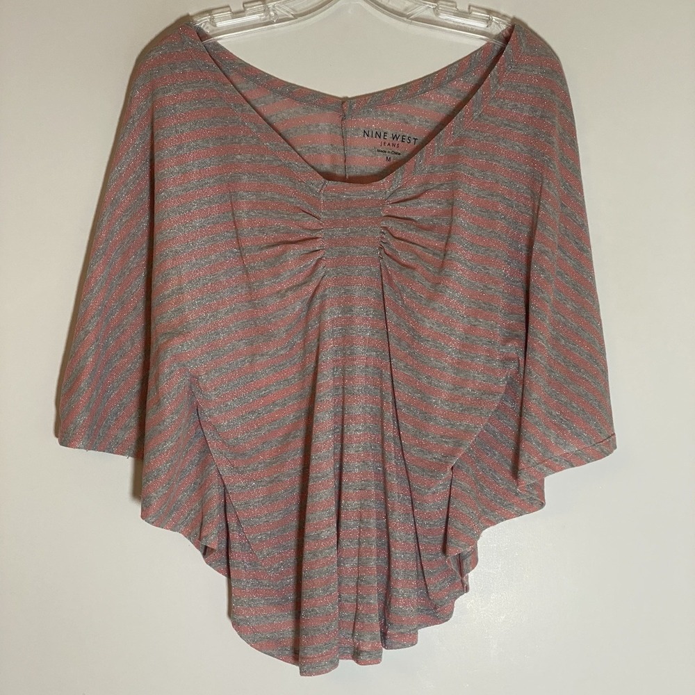Nine West Top Womens Medium Pink Gray Striped Poncho Batwing Sleeve Casual